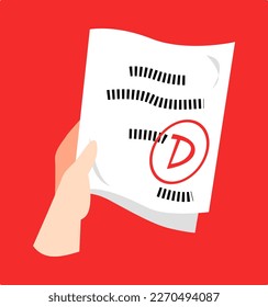 hand holding exam paper with grade d. concept of school, study, university, lesson.