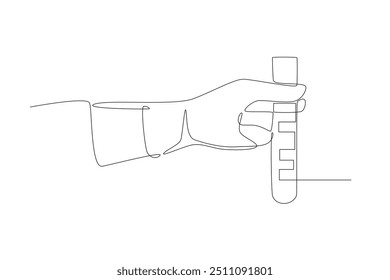 Mano sosteniendo los resultados del experimento en el tubo de ensayo. Concepto de experimento de laboratorio dibujo de una línea