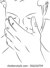 Hand holding eye human head. Black and white drawing of a man who closed his eyes with his hand. Pencil drawing