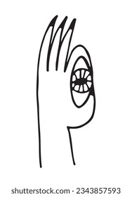 hand is holding an eye. Witch hands poster. female hands with long nails. Psychedelic style. Abstract illustration. Vector stock illustration isolated on white background
