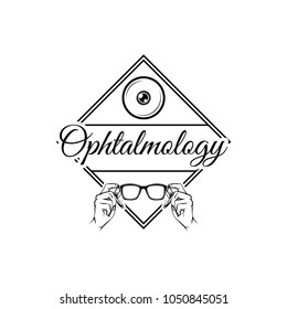 Hand holding eyeglasses in hands. Ophthalmology inscription. Optics logo. Vector illustration isolated on white background.