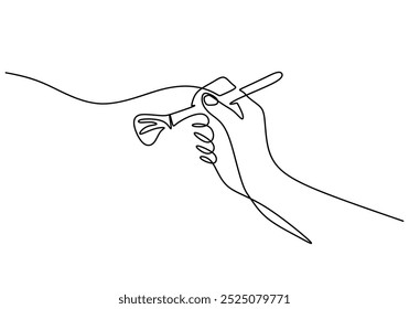 Hand holding face brush continuous one line drawing. Beauty and fashion concept. Vector illustration minimalist background.