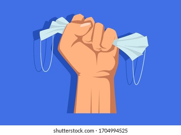 Hand holding face mask for inhalation of pollution on blue background, prevent the spread of viruses. Flat design. Concept of medicine and virus protection. Coronavirus, Covid-19 pandemia