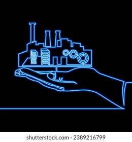 Hand holding factory company and working industry icon neon glow vector illustration concept