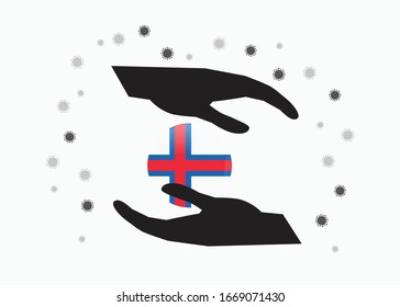 Hand holding Faeroe Islands flag in cycle symbol, Protect Faeroe people from coronavirus  or COVID-19 concept, Save Faeroe Islands, sign symbol background, vector illustration. 