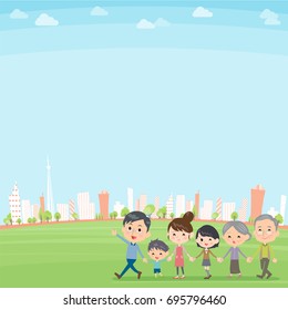 Hand holding family three generations Walking city