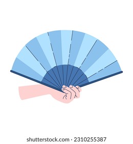 Hand holding a fan. Elegant female hand. Blue fan vector illustration. Woman hands with long fingers isolated on white background. Flat.