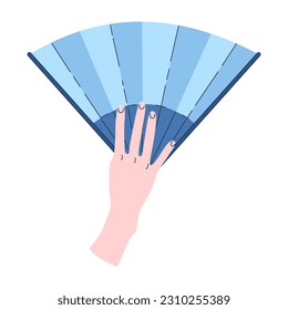 Hand holding a fan. Elegant female hand. Blue fan vector illustration. Woman hands with long fingers isolated on white background. Flat.