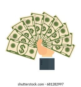 Hand holding fan of money dollar banknotes. Symbol of wealth, success and good luck. Bank and Finance. Flat vector cartoon illustration. Objects isolated on a white background.