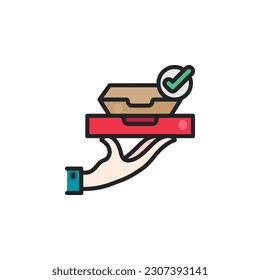 Hand holding a fast food boxs, food delivery service filled outline icons. Vector illustration. Isolated icon suitable for web, infographics, interface and apps.