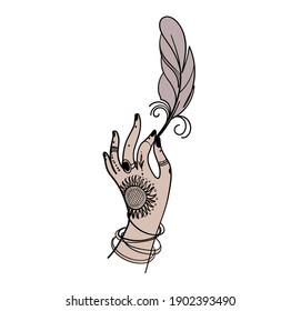 Hand holding a feather, magic boho tattoo design for a witch, witchcraft for Halloween. Magic hand drawing, a sketch of a female palm, vector illustration isolated on white background.