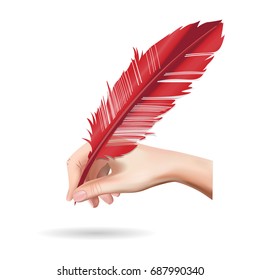 Hand Holding Feather Pen