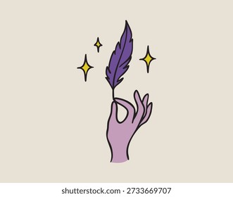 Mão segurando pena com estrelas minúsculas, magia leve e arejada, mão desenhada. Ilustração vetorial.