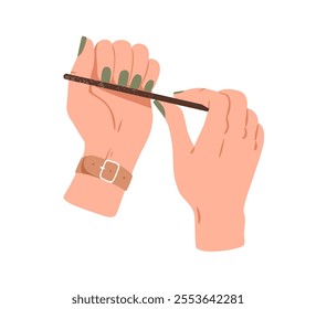 Hand holding file and grooming nails, beauty self-care routine, treatment. Manicure with neat painted fingernails, polish, varnish. Flat graphic vector illustration isolated on white background