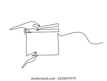 Mano que sostiene el dibujo continuo de una línea de Film Clapper. Concepto de objeto de entretenimiento. Fondo minimalista de Ilustración vectorial.