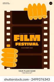 Hand holding filmstrip. Movie and film festival poster template design modern vintage retro style. Design element can be used for banner, brochure, print, vector illustration