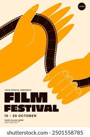 Hand holding filmstrip. Movie and film festival poster template design modern vintage retro style. Design element can be used for banner, brochure, print, vector illustration