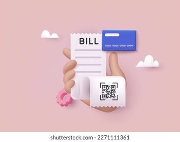 Hand holding finance bill. 3D bill payment with credit card and financial for online shopping, bill online payment credit card with payment protection concept.