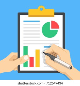 Hand holding financial document with charts, graphs and hand holding pen. Clipboard with financial statement. Business report, paperwork, business income data flat design concepts. Vector illustration