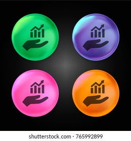Hand holding up a financial graph crystal ball design icon in green - blue - pink and orange.