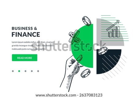 Hand holding financial pie chart. Hand drawn vector sketch illustration. Investment profit, statistics, finance, growth, business strategy, data analysis and research concept