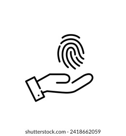 Hand holding a fingerprint. Biometric recognition technology. Pixel perfect, editable stroke icon