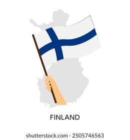 Hand holding Finland country flag on map background