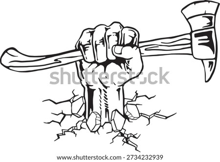 Hand Holding Fire Axe Black and White Vector Illustration