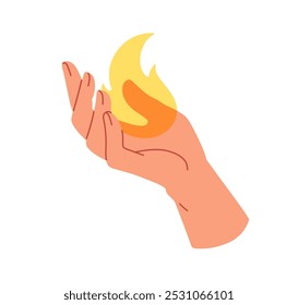 Hand holding fire flame, energy symbol. Heat, warmth, power. Magic fireball burning on palm, in fingers. Supernatural and mysterious concept. Flat vector illustration isolated on white background