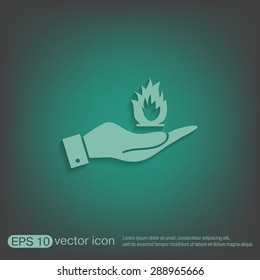 hand holding a fire icon.