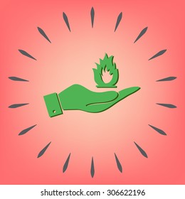 hand holding a fire icon.