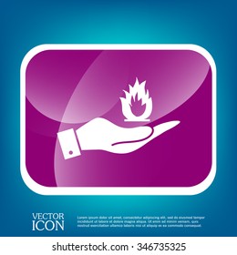 hand holding a fire icon.