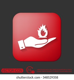 hand holding a fire icon.