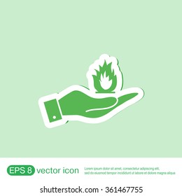 hand holding a fire icon.