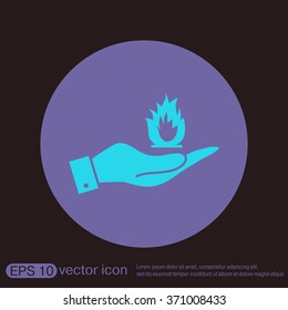 hand holding a fire icon.