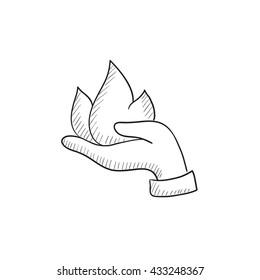 Hand holding fire vector sketch icon isolated on background. Hand drawn Hand holding fire icon. Hand holding fire sketch icon for infographic, website or app.