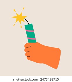 Hand holding firecrackers. Colorful vector illustration
