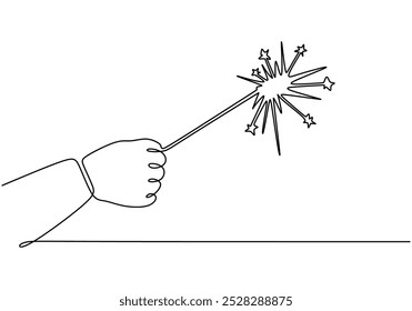 Hand holding fireworks continuous line drawing. Party concept. Vector illustration minimalist isolated on white background.