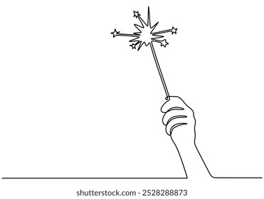 Mão segurando fogos de artifício em um desenho de linha contínua. Conceito de partido. Ilustração de vetor minimalista isolada no fundo branco.