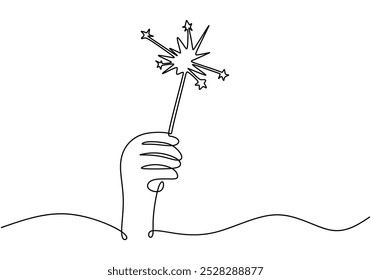 Hand holding fireworks in one continuous line drawing. Party concept. Vector illustration minimalist isolated on white background.