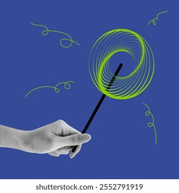 Hand holding fireworks pop art illustration. Magic wand flat vector art illustration. Celebrating new year with festivity.