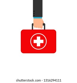 Hand, die eine Erste-Hilfe-Box hält. Clip-Art-Bild einzeln auf weißem Hintergrund