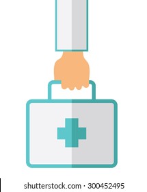 A Hand Holding First Aid Box for emergency purpose. A Contemporary style. Vector flat design illustration isolated white background. Vertical layout.