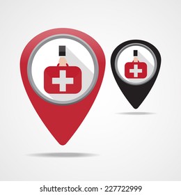 Hand holding first aid case icon on red map pointer , vector EPS 10.        