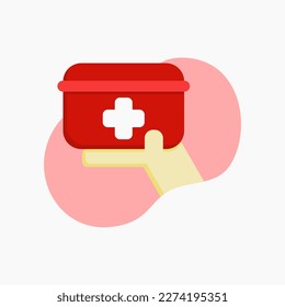 hand holding a first aid or medical box with red cross sign. healthcare symbol for poster, banner, website, and social media