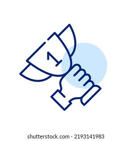 Hand holding first place cup. Winning and success. Pixel perfect, editable stroke line art icon