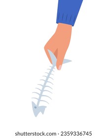 Hand holding fish bone. Hand throws fish bone into trash can. Organic waste. Trash sorting, recycling. Vector illustration