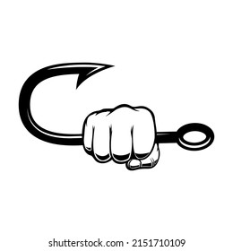 Hand holding fish hook. Design element for poster, card, banner,emblem, sign. Vector illustration