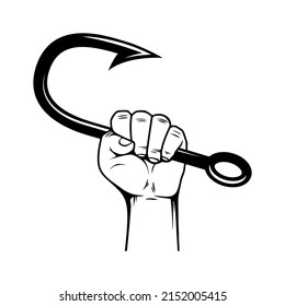 Hand holding fish hook. Design element for poster, card, banner,emblem, sign. Vector illustration