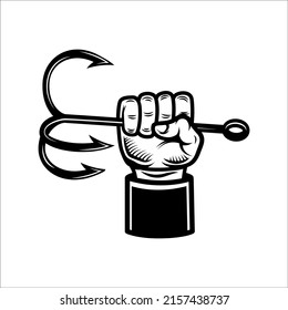 Hand holding fish hook. Design element for poster, card, banner,emblem, sign. Vector illustration